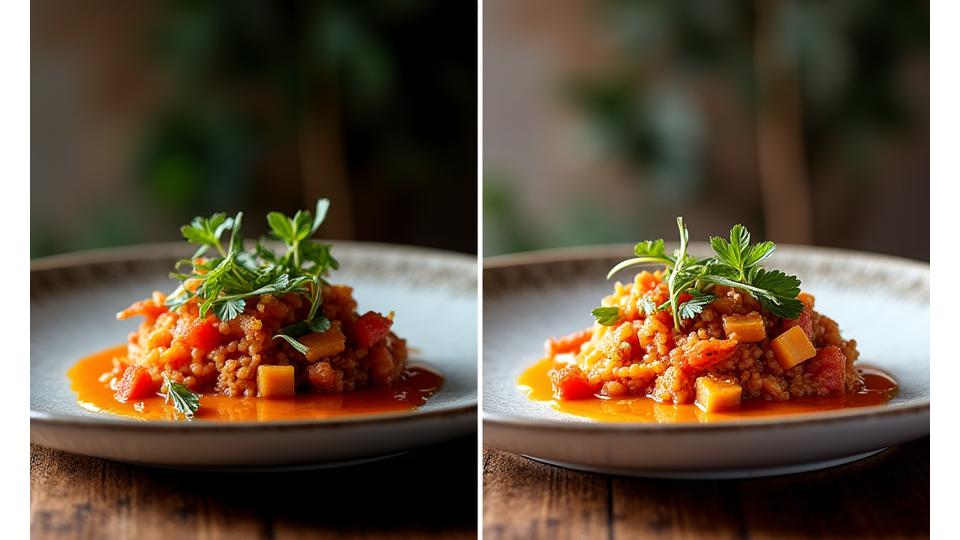 Illustration avant/après retouche photo, montrant l'amélioration d'un plat culinaire