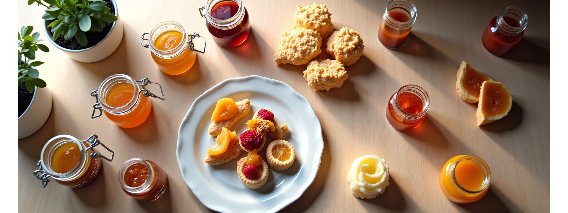 Vue aérienne élégante d'une sélection de produits gourmets Fleuronne : pots de sauces artisanales, biscuits fins et confitures dans un agencement artistique sur une table en bois clair. Reflets doux, lumière naturelle.