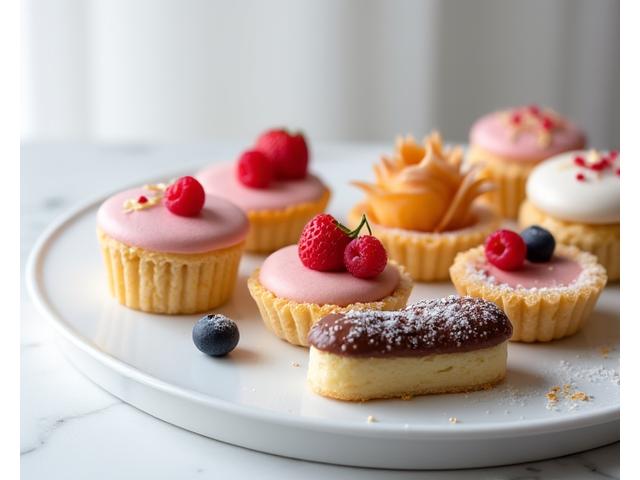 Assortiment de pâtisseries individuelles fines, élégamment présentées sur un plateau blanc, avec des éclats de feuille d'or et des fruits frais. Macarons, mini-tartes, éclairs artístiques.
